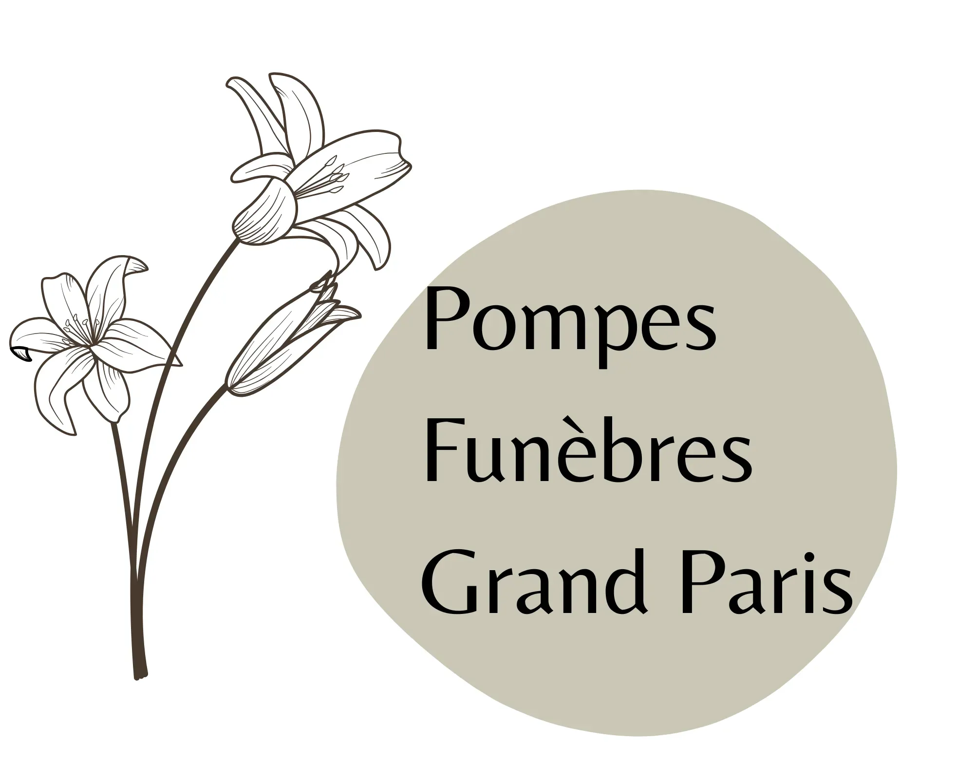 Logo Pompes Funèbres Grand Paris avec illustration d'un lys, sur fond gris et blanc.
