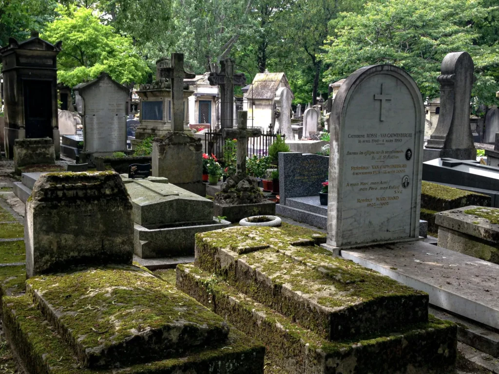 Vue d'un vieux cimetière avec des tombes en pierre recouvertes de mousse et des stèles.
