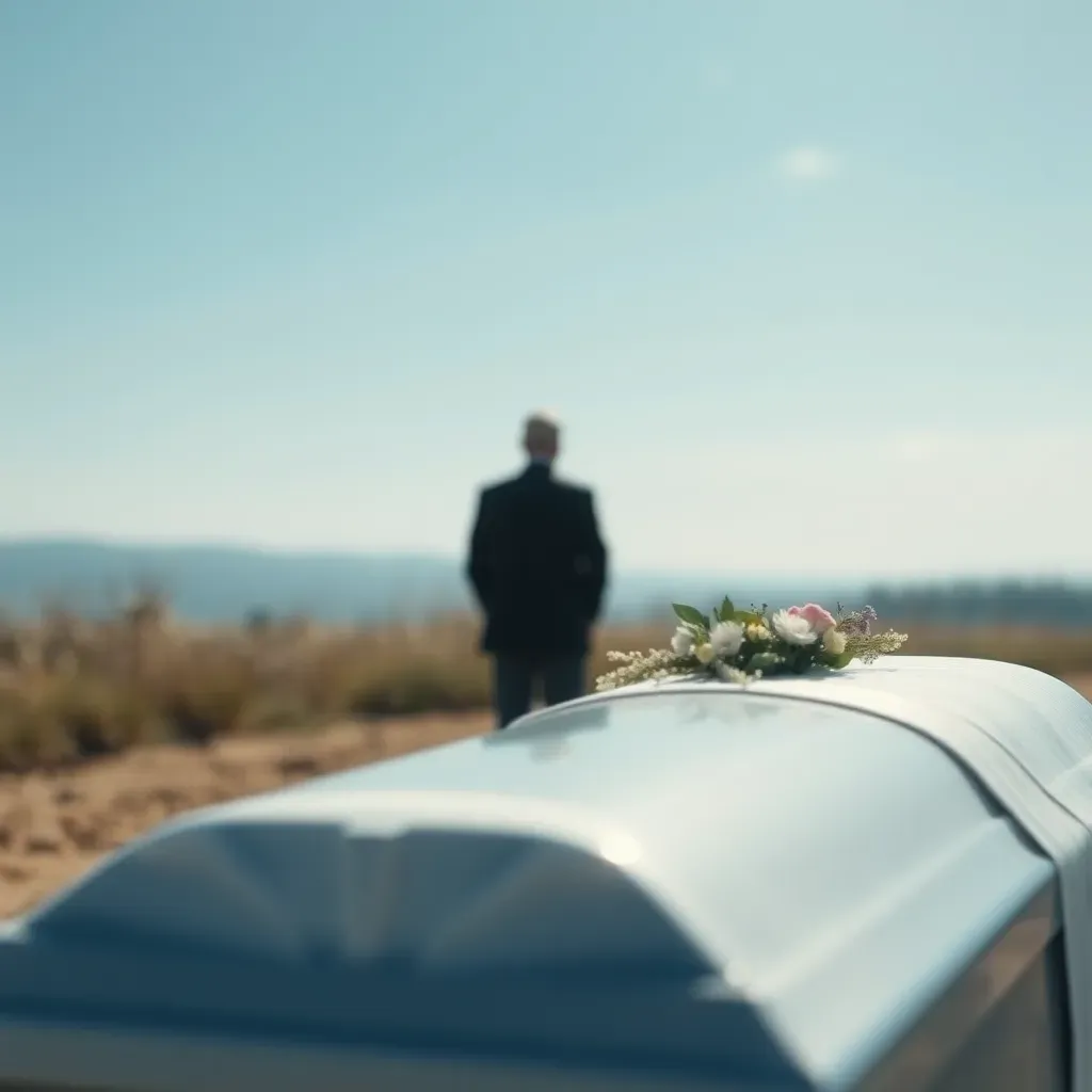 Cercueil blanc décoré de fleurs devant un homme de dos.